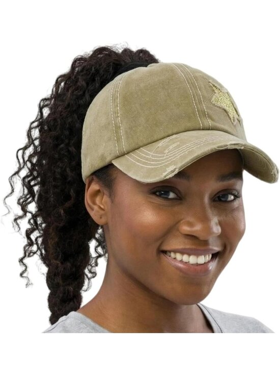 〽️Women Star Khaki High Ponytail Baseball Cap Trucker Bad Hair Day Adjustable main image 4